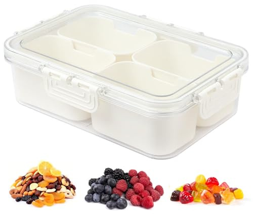 Kiuiom Snackbox mit Fächern, Snack Aufbewahrungsbox, Snackschale mit Deckel, Snackteller mit Fächern Küche Gewürze Box Kunststoff Snackschale für SüßIgkeiten Candy Veggie Keks Nüsse (M)