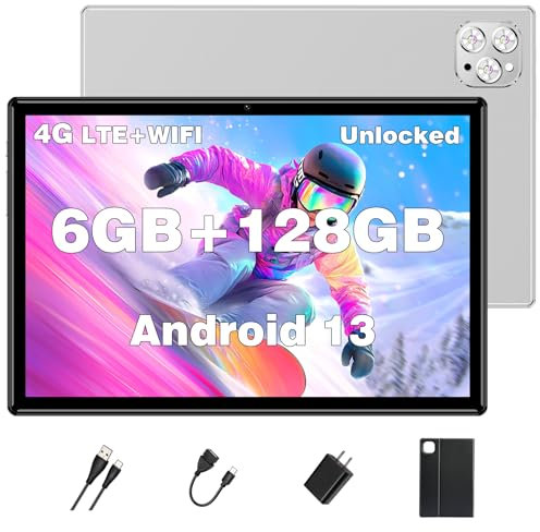 Tablet Android Tablets 10 Inch, Octa-Core Android 13 Unlocked with SIM Card Slot, 128GB ROM+6GB RAM, 5MP+13MP Camera/5G WIFI GPS/BT/6000mAh/1280*800 IPS Screen/Cellular Tablet with Case(Silver)