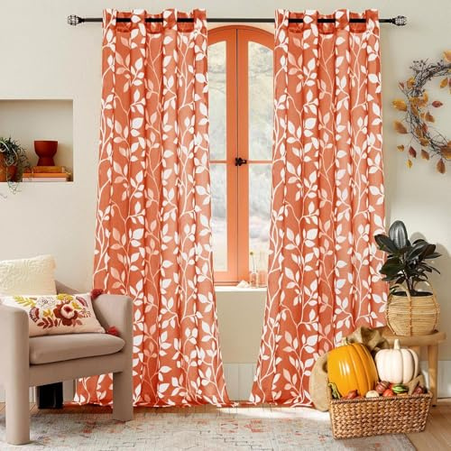 MRTREES Vorhänge mit Ösen Transparent Orangerote für Wohnzimmer Schlafzimmer Modern, Gardinen Voile mit Muster Weißen Blätterdrucken 2er Set, 225 cm Lang, 140 cm Breit, Curtains Living Room
