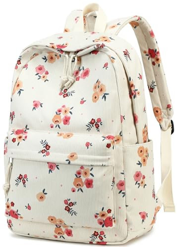 Schulrucksack für Teenager, groß, aus Kord, Büchertasche, leicht, für Mädchen und Jungen, leger, 17 Zoll (43,2 cm), Laptop-Reisetasche, Orange-Blume, Medium, Tagesrucksäcke