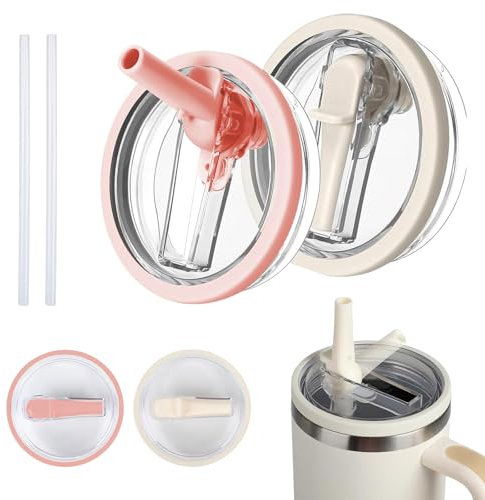 JAONLD 2 Pièces Remplacement de Couvercle pour 40 oz,Couvercles de Tasse Réutilisables Anti-Fuite et Anti-Poussière avec 2 Pièces Paille,Stanley Cup Couvercle Remplacement(Rose pêche,Blanc)