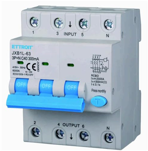 Interruttore magnetotermico differenziale salvavita, 3P+N, occupa 4 moduli DIN, 380V 415V, 40A C40, 300mA, 6KA 6000A, RCBO