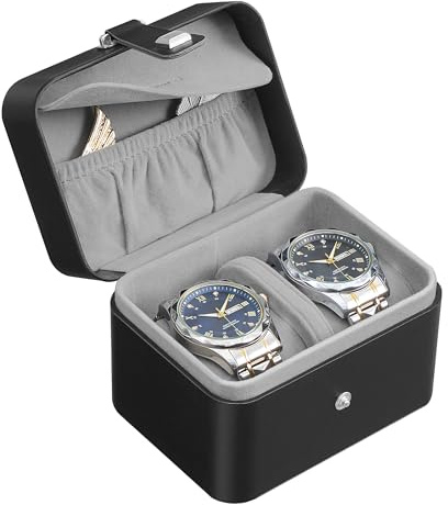 SONGMICS 2-Slot Watch Travel Case, Pillow with Hidden Storage | Watch Box, Adjustable Divider, Flap Pocket, 10.1 x 12 x 8.5 cm, Black Surface, Grey Lining, BRIDIE Collection JWB029GD01