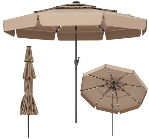 RELAX4LIFE Parasol Droit Inclinable avec LED Solaire | Parasol de Jardin Extéieur 3M LED | Toit Ventilé à 3 Couches | Inclinaison 35° | Manivelle | 8 Baleines | Balcon Terrasse (Taupe-Volants)