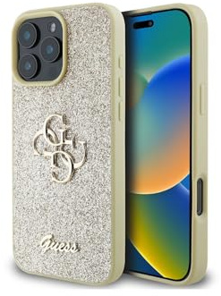 Hülle Kompatibel mit iPhone 16 Pro Guess Lizenz 4G Big Metal Logo Glitter Cover Gold