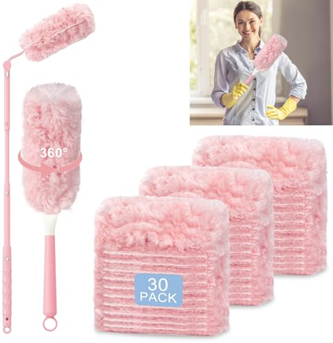 30 PCS Dust Magnet Disposable Dust 360° Pink Dusting Kit Long Handle Short Handle for Household Cleaning Doors Windows Wardrobes Pendant Lights Ceiling Fan