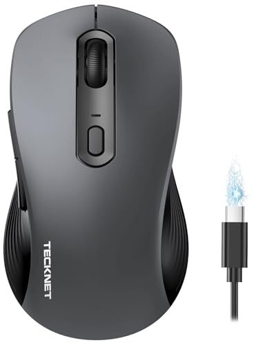 TECKNET Bluetooth Maus, PC Maus Kabellos, Wiederaufladbar Computer Maus 4800 DPI, (BT 5.0/3.0+2.4 GHz) Ergonomische Silent Wireless Mouse, Funkmaus für Laptop, Mac OS, Android, Windows, Grau