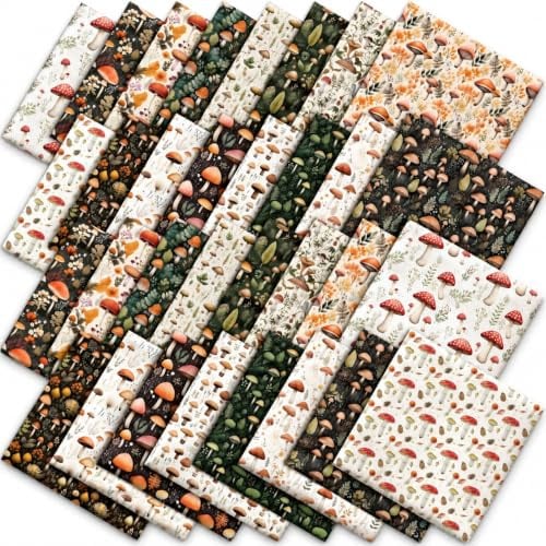 JarThenaAMCS 32 Stück Pilz-Stoffquadrate Waldpflanzen Baumwollstoffbündel kleine Pilzblätter Nähstoffe für DIY Nähen Handwerk Dekor, 25,4 x 25,4 cm