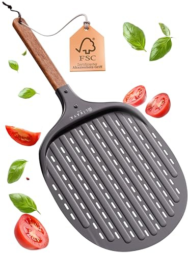 LIKAYA Pala per pizza in alluminio nero e legno di acacia – antiaderente e extra stabile – per forno per pizza e barbecue – inserimento perfetto e servire – accessorio professionale per veri amanti