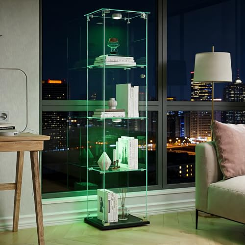 Vitrine aus Glas, Vitrine mit LED, moderne Vitrine für Wohnzimmer mit 4 Regalen, 1Tür und Schloss, Ausstellungsvitrine für Sammler (Schwarz E, 1 Tür + 4 Regale + LED)