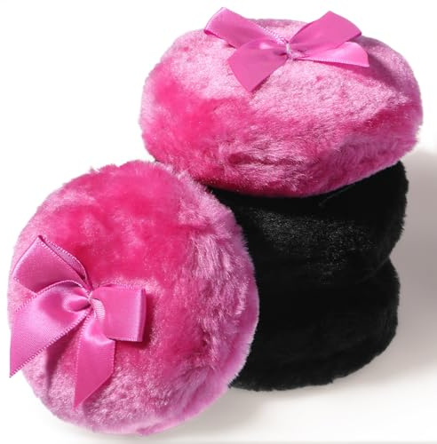 Guduling 4 Stück Große Puderquaste, Make Up Pads mit Schleife, Trocken und Nassverwendung, Wiederverwendbar Puderquaste für Körperpuder,Puder,Talkumpuder (8.5cm)(Rosa,Schwarz)
