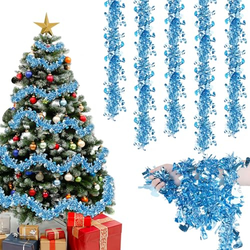 Joxessaien Lametta Weihnachtsbaum 8 Stück × 2 m – Weihnachtsgirlande 16 m Weihnachtsdeko Feine Lametta Girlande mit Glocken – Christbaum Deko für Innen & Außen (Hellblau)