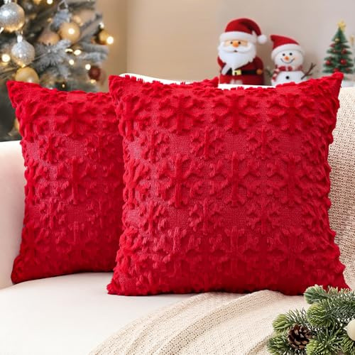 JOTOM 2er Set Weihnachten Kissenbezüge, Plüsch Kurze Wolle Dekorativ Zierkissenbezüge Schneeflocken Kissenhüllen Sofakissen Kissenbezug Weihnachtsdeko für Wohnzimmer Garten (60x60cm, Rot)
