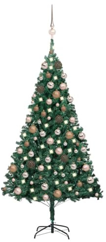 Árbol de Navidad artificial verde de 180 cm con 150 luces LED, incluye bolas y punta, agujas realistas de PVC, soporte de metal estable