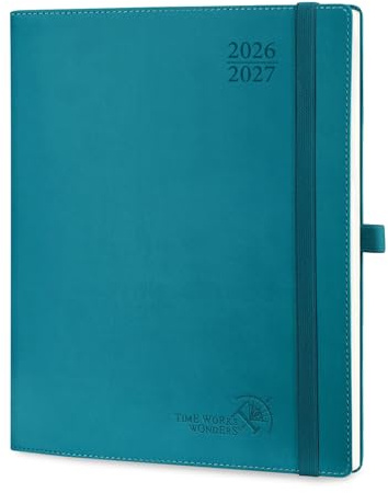 POPRUN Kalender 2026 2027 Wochenplaner, ca. A4 Softcover mit PU-Leder | 17-Monate-Terminplaner,(Aug,2026-Dez,2027),1 Woche 2 Seite,ca,A4(25,9 x 21,2cm)(Pazifikgrün)