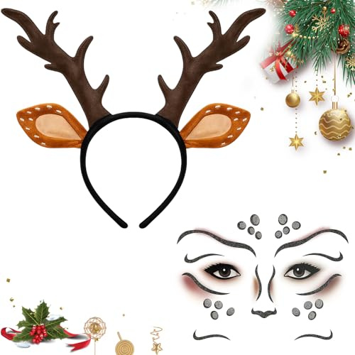 MUNSKT 2 Stück Geweih Haarreif Glitzer Gesichtstattoo Halloween Kostüm Damen Mädchen Reh Haarreif Damen Mädchen Reh Geweih Hörner Rehohren mit Blumen Mottoparty Karneval Cosplay Kostüm