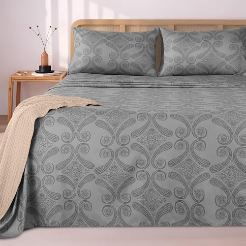 Utopia Bedding Parure de lit imprimée, 4 pièces, 150 x 200 cm, Motif Cachemire Gris - Microfibre de Polyester, 1 Drap-Housse 150 x 200 cm, 1 Drap Plat 266 x 259 cm et 2 taies d'oreiller 50 x 75 cm