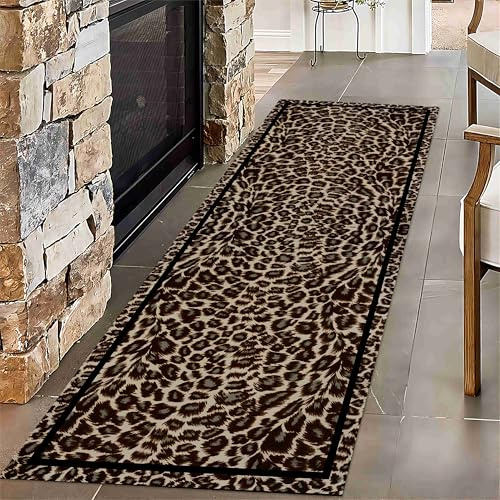Teppich Mit Leopardenmuster, 60x200cm Überwurfteppich Mit Gepardenmuster, Braunes Teppich, Waschbare Rutschfeste Läufer Teppiche für Flur Eingangsbereich, Wohnzimmer, Schlafzimmer, Kinderzimmer