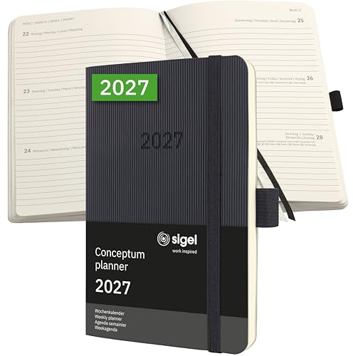 SIGEL Conceptum Wochenplaner 2027 A6 Softcover schwarz | C2723, 176 Seiten, Wochenkalender mit Gummiband, Stiftschlaufe, Archivtasche, aus nachhaltigem Papier, Kalenderbuch
