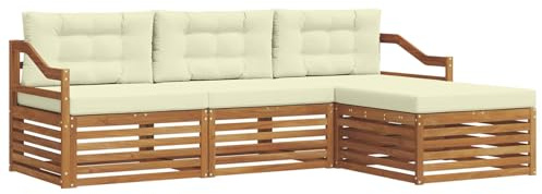 Mhdvray Outdoor Lounge Set Akazie - 4-Sitzer Gartensofa mit Polstern, Modulare Holz Couchgarnitur für Terrasse und Balkon, Natur und Creme, 245,5 x 162,5 x 73 cm