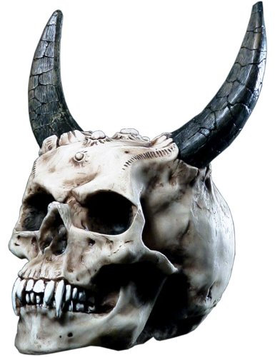 Markus Mayer Totenkopf Teufelsschädel mit Hörnern Teufelsfigur aus Kunststoff Polyresin, Rot, Gothic, Halloween, SCULPTURE, Tischplatte