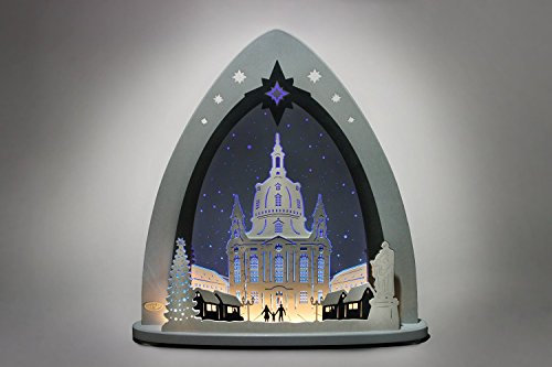 weigla - LED Lichterspitze original Erzgebirge I Motiv Dresdner Frauenkirche I LED Lichterbogen Weihnachten I Größe 52 x 53,5 x 9 cm I beleuchtete Weihnachtsdeko innen I aus Holz