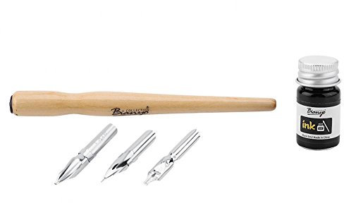 Eboxer Set Plume de stylo Dip Porte-Stylo en Bois 3 Plumes en Acier Inoxydable Différentes et 1 Encre pour Dessin/Manga/Calligraphie/Comic