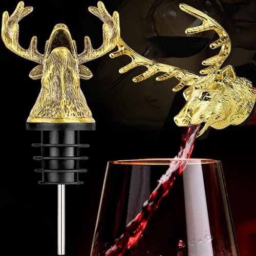 MINGZE Deer Head Wine Pourer, Zinc Alloy Bottle Stopper Deer Stags Shape with Leak-Proof Bung, Accessories for Wine Lover, Spout fit Most Red White Wine and Spirits Bottles (Golden)