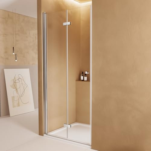 EMKE Duschtür 70cm Nischentür Duschabtrennung 6mm ESG klares Sicherheitsglas Rahmenlos Falttür dusche Duschwand Duschkabine Höhe: 185cm