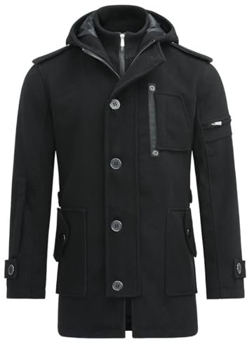 YOUTHUP Mens Hooded Wool Coats Regular Fit Winter Tweed Trench Coat Casual Outerwear Military Peacoats, Black, S