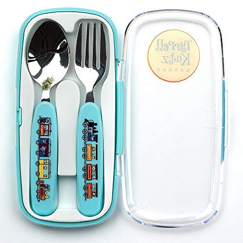 Tyrrell Katz Kids Trains Printed 2 Piece Cutlery Set in Blue with Case - Dishwasher Safe Flatware Children's Fork and Spoon - 15 x 8 x 2 cm