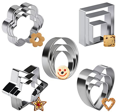 Cookie Cutters Set 15Pcs Biscuit Pastry Cutters Stainless Steel Cutter Biscuit Heart Star Circle Round Flower Shapes Metal Cookie Cutter Pastry Baking Mould for Fondant Cake Decorating