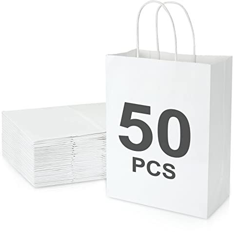 MIVIDE 50stk. Papiertüten Weiß, 21x11x27cm Papiertüten mit Henkel, Geschenktüten aus Kraftpapier für Geburtstagsfeier, Weihnachten, Geschenkverpackung, Einkaufstüten