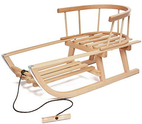 Prime Garden® PINNO Mini Classico Premium Holzschlitten Schlitten Kinderschlitten Rodelschlitten mit Rückenlehne Zugseil Holzgriff