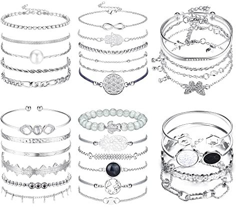 LOLIAS 32 STÜCK Boho Armband Damen Gold Mehrschichtiges Stapelbares Offenes Manschettenwickel Silber Armbänder Verstellbar Mode Büroklammer Kubanische Armband Set Schmuck für Mädchen Geschenk
