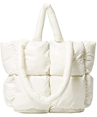 OWGSEE Puffer Tote Bag, Weiche Puffy Taschen für Frauen Leichte Winter Daunen Baumwolle Gepolsterte Gesteppte Tragetasche Schulter Handtasche Geldbörse, Weiss/opulenter Garten, Medium