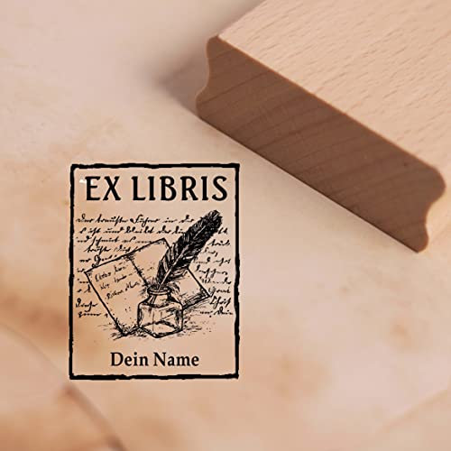 Ex Libris Stempel mit Name - Brief, Tintenfass und alte Schrift - Exlibris Buch Motivstempel Holzstempel 38 x 48 mm