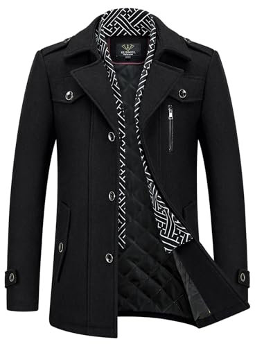 KUDMOL Men's Wool Trench Coat Knitted Scarf Collar Peacoat Winter Warm Casual Jacket Thick Outdoor Overcoat(Black,L)