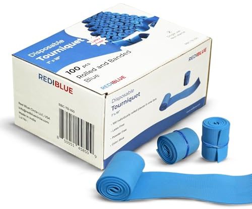 REDIBLUE Torniquete desechable [paquete de 100] torniquetes sin látex, resistentes a desgarros, de un solo uso para primeros auxilios, médicos, clínicos, compactos y portátiles, 1 x 18 pulgadas