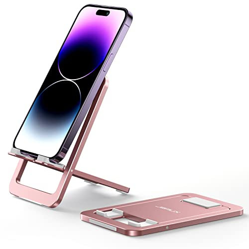 JSAUX Cell Phone Stand, Foldable Aluminum Adjustable Phone Holder for Desk Portable Travel Holder Office Desk Accessories Compatible with iPhone 15 14 13 12 11 Pro Max Samsung S22 S21 A53 Switch Pink