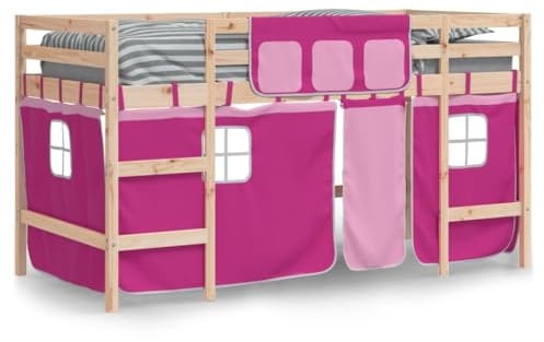 vidaXL Kinderhochbett mit Vorhängen Rosa 80x200 cm Massivholz Kiefer