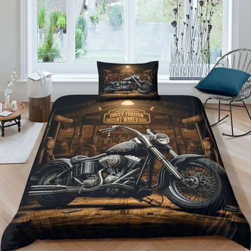 ESSAHI Harley Rider Bettwäsche 3D Gedruckter Vintage -Motorrads Bettbezug Set 3teilig Bettwäsche Microfaser Bettwäschegarnitur Mit Kissenbezug Reissverschluss -für Mädchen Junge Single（135x200cm）