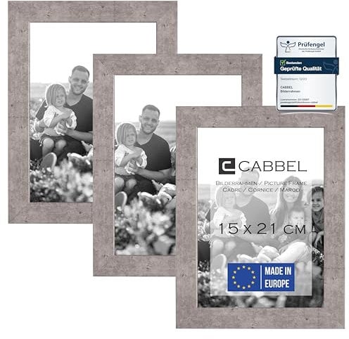 CABBEL 3er Set Bilderrahmen DIN A5 15x21 cm MDF Holz-Rahmen mit bruchsicherem Acrylglas in Grau/Beton