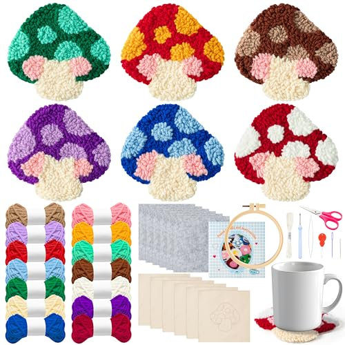 WATINC Craft Punch Needle Untersetzer Kit mit Pilzmuster DIY Bastelpackung Punch Needle Set Stickerei Starter kit für Anfänger Easy Embroidery Coaster Art and Crafts Coaster