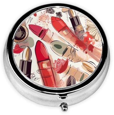 Pillendose, 3 Fächer, Kosmetik, Lippenstift, Parfüm, Kunstdruck, niedlich, rund, tragbar, für Reisen, Medizin, Organizer, Aufbewahrung für Geldbörse, Tasche