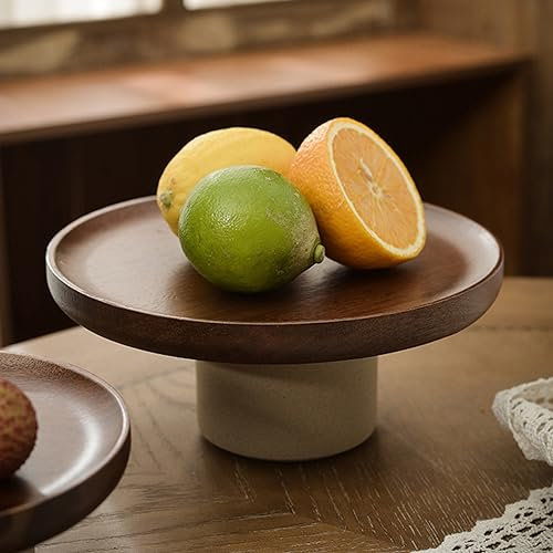 DADEA Retro Wooden Pedestal Bowl with Pottery Base, Durable Exquisite Footed Bowl, Beautiful Multipurpose Decorative Bowls, Versatile Usage Decorative Fruit Bowl for Living Room(Small 25cm / 9.8in)