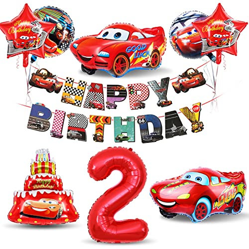Decorazioni Compleanno 2 Anni, Palloncini Car, Addobbi Compleanno Bambino, Palloncino Numero 2 Rossi, Striscione Happy Birthday per Festa di Compleanno Bambini 2 Anni