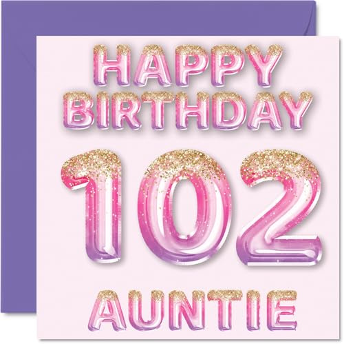 102nd Birthday Card for Auntie, Pink & Purple Glitter Balloons | Happy Birthday Cards for 102 Year Old Aunt Aunty from Nephew Niece, 145mm Bday Greeting Cards Gift