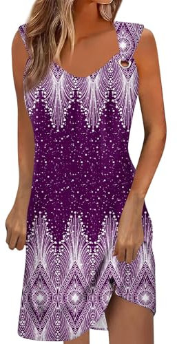 Robe De Plage Femme Printemps Été - Rose, Violette, Verte - Midi Sans Manches Fleurie - Tee Shirt Violet L