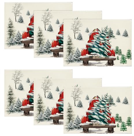 Artoid Mode Lastkraftwagen Bäume Weihnachten Platzsets 6er Set, 30x45cm Urlaub Winter Bankett Tischsets Waschbar Platzdeckchen Küche Party Deko